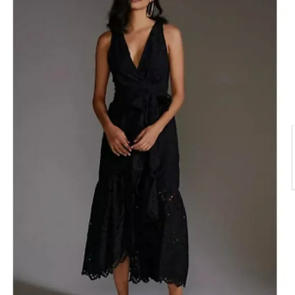 Anthropologie Maeve 6 NWT Eyelet Wrap Midi Dress Black $180 Pockets Cocktail - Picture 6 of 6